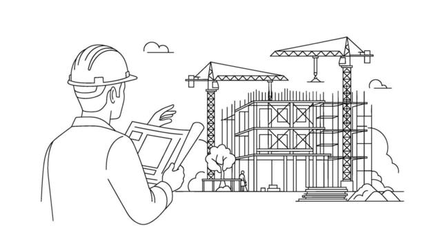 Architect in hardhat reviewing construction plans at a building site with cranes showcasing precision and expertise in project development and managem vector
