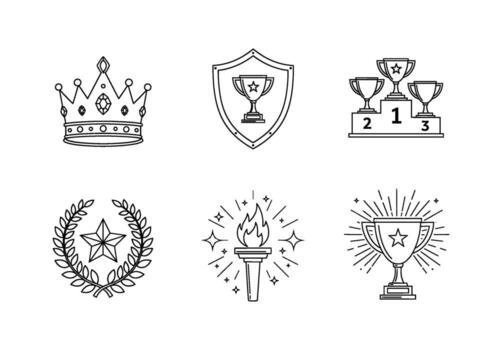 elegante línea Arte íconos mostrando símbolos de victoria y logro representando éxito y triunfo en un minimalista y sofisticado estilo vector
