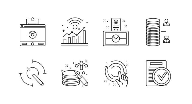 datos análisis íconos representando negocio inteligencia perspectivas y estratégico planificación en un limpiar moderno línea Arte estilo para profesional presentaciones vector
