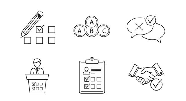 Line art icons depicting a pencil marking a checklist multiple choice options speech bubbles a speaker a clipboard and a handshake conveying decision- vector