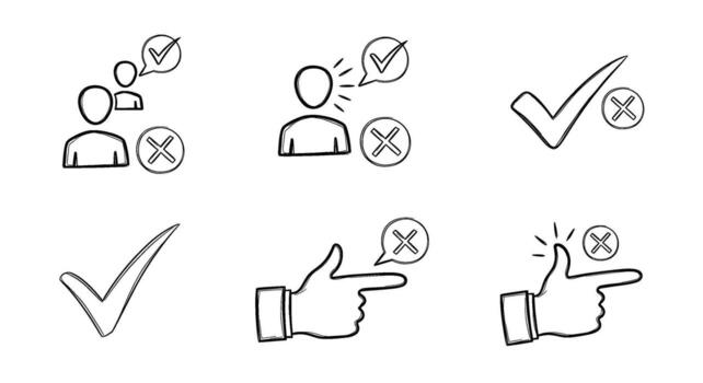 Hand-drawn icons showing approval and rejection in a simple design conveying a clear message of agreement and disagreement in a minimalist style vector
