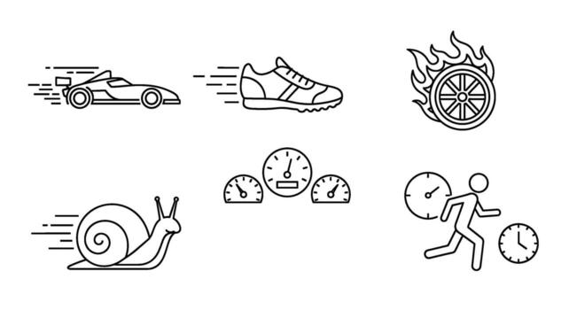 Dynamic line art showcasing speed and velocity with a race car running shoe flaming wheel snail speedometers and running man conveying a sense of urge vector
