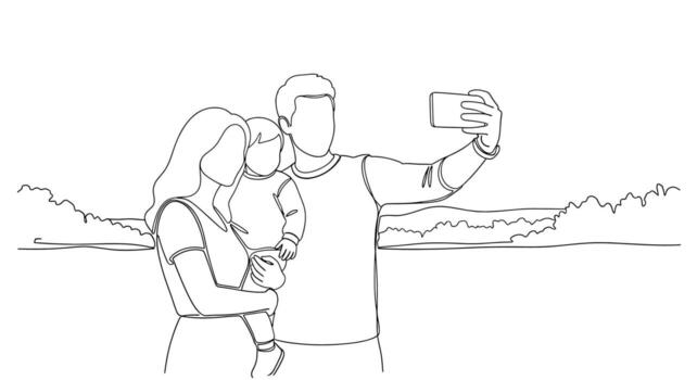 Loving family taking a selfie with a smartphone in a scenic landscape capturing a precious memory with a minimalist line art style conveying happiness vector
