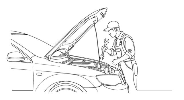 Diligent mechanic in uniform examining car engine with wrench in garage ensuring smooth operation and reliability showcasing expertise and dedication vector