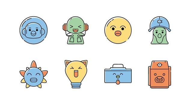 Collection of cute cartoon characters expressing various emotions on a white creating a playful and whimsical mood for childrens content and designs vector