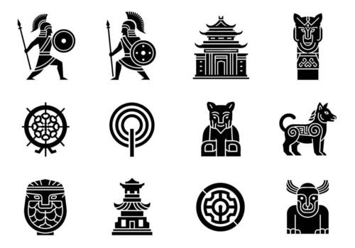 Ancient warriors and cultural symbols in a minimalist design evoking a sense of history and tradition with architectural and mythological elements vector
