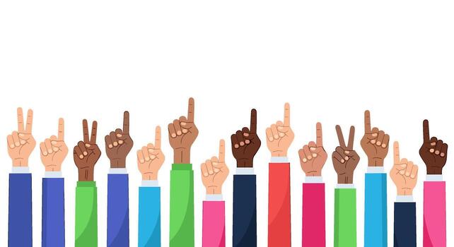 Diverse hands pointing upwards and showing peace sign in a colorful and vibrant setting symbolizing unity diversity and a positive hopeful outlook for vector