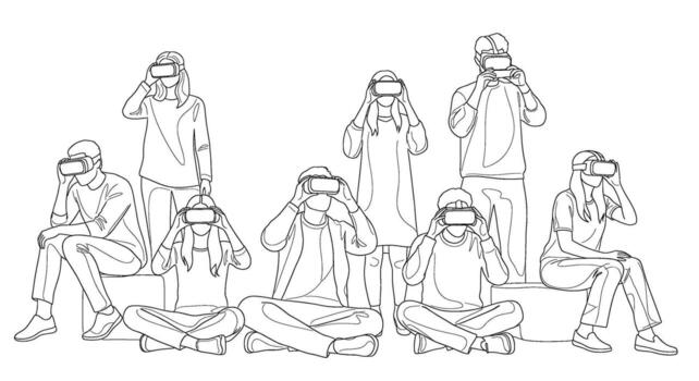 Diverse group of people experiencing virtual reality with VR headsets in a minimalist line art style exploring immersive digital worlds with excitemen vector