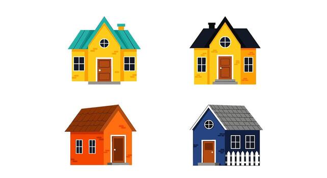 Collection of four cartoon houses standing side-by-side against a white showcasing different architectural styles and creating a whimsical cheerful mo vector