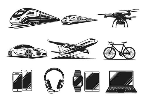 Modern transportation and technology icons in a clean minimalist style showcasing innovation and connectivity for a forward-thinking tech-savvy audien vector