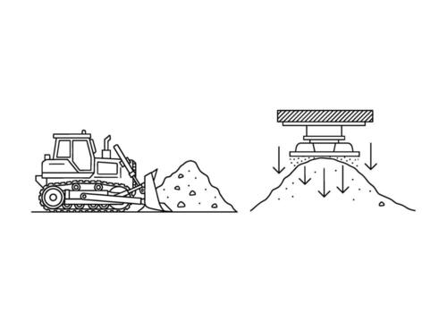 Bulldozer moving soil and a soil compactor pressing down on soil in a construction site illustrating construction processes with a minimalist clean de vector