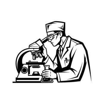 Focused scientist in a lab coat meticulously examining a sample under a microscope while holding a flask conveying a sense of scientific discovery vector
