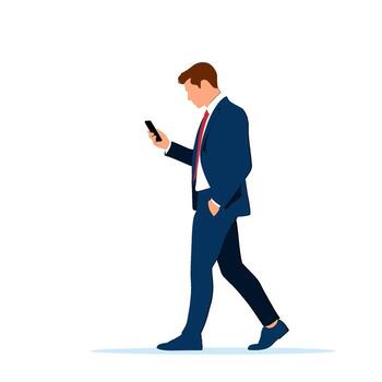 Confident businessman walking and using his smartphone in a minimalist setting showcasing modern communication and connectivity with a professional de vector