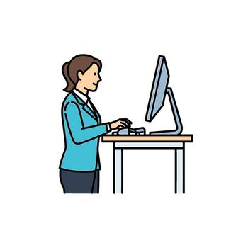Smiling businesswoman typing on a computer at a standing desk in a bright office promoting health and productivity with ergonomic workspace design vector
