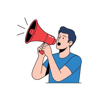 Energetic man shouting into a red megaphone delivering a powerful message in a minimalist setting conveying a sense of urgency and announcement vector
