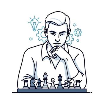 pensativo hombre contemplando un ajedrez juego con bombilla y engranajes estrategia en un minimalista ajuste transporte inteligencia y resolución de problemas esquí vector