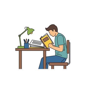 Focused student reading a book at a wooden desk under a green lamp surrounded by papers in a quiet study environment conveying a studious mood vector