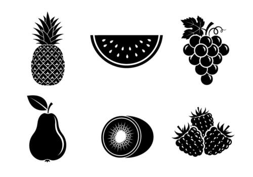 Monochrome fruit icons displaying pineapple watermelon grapes pear kiwi and raspberries creating a clean and modern design for healthy eating concepts vector