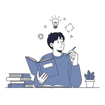 Creative student studying with a book at a desk generating innovative ideas represented by a light bulb in a bright and inspiring learning environment vector
