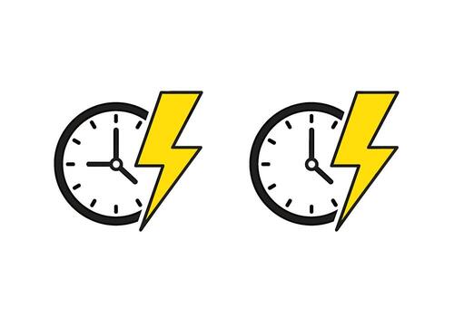 Two clocks with lightning bolts symbolizing fast time speed and urgency in a clean modern graphic design against a white conveying efficiency vector