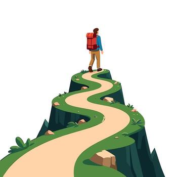 Adventurous hiker with a backpack walking along a winding mountain path symbolizing determination freedom and the pursuit of personal goals in nature vector