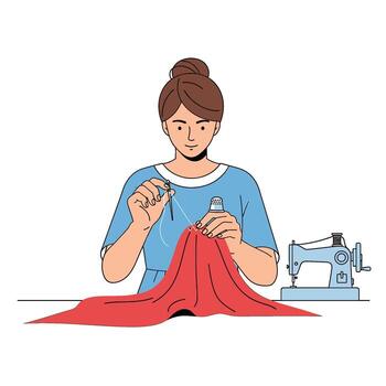 Focused seamstress hand-sewing red fabric at her sewing table using a thimble and needle with thread creating a handmade garment with precision and ca vector