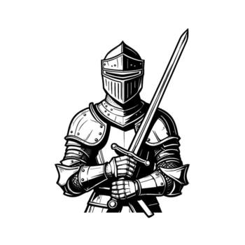 Illustrative knight in shining armor holding a sword standing guard in a medieval setting embodying courage and strength in a black and white sketch vector