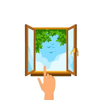 Hand pointing towards an open window with a view of green leaves birds flying in a blue sky with clouds representing freedom and fresh air indoors vector