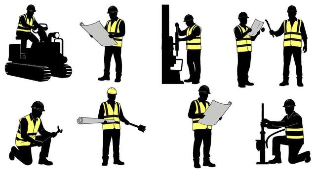 Silhouetted construction workers operating machinery reviewing blueprints and using tools on a construction site conveying a sense of industry and pro vector