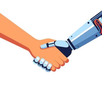 Human and robot hands shaking in agreement symbolizing collaboration and partnership in the future of technology and innovation on a clean white vector