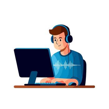 sonriente joven hombre con auriculares trabajando en un escritorio computadora a hogar creando audio contenido con forma de onda visualización transporte un enfocado estado animico vector
