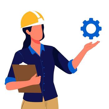 hembra ingeniero presentación un engranaje icono en un brillante ambiente participación un portapapeles simbolizando innovación Progreso y técnico pericia con confiar vector