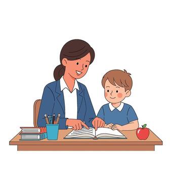 Dedicated teacher assisting a young student with reading at a desk in a classroom fostering a supportive and encouraging learning environment vector