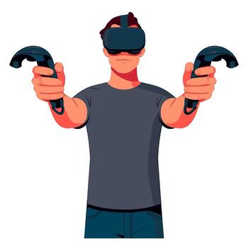 Enthusiastic man immersed in virtual reality holding controllers in a digital world experiencing futuristic gaming with excitement and wonder vector