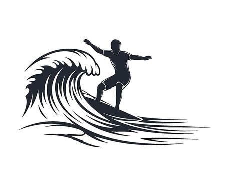 Silhouette of a surfer riding a wave in the ocean showcasing skill and balance creating a dynamic and adventurous scene with a minimalist design vector