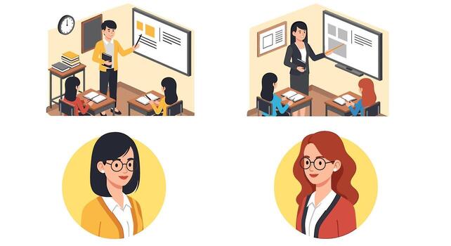 Dedicated teacher instructing students in a bright classroom using a whiteboard fostering a positive and engaging learning environment for academic su vector