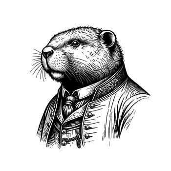 Elegant groundhog wearing a sophisticated suit in a minimalist setting embodying a sense of refined charm and whimsical sophistication in black and wh vector