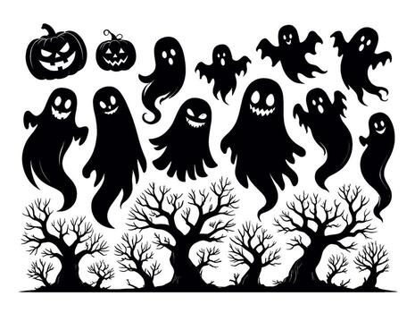 Spooky ghosts and jack-o-lanterns floating above bare trees in a haunted forest creating a chilling and eerie Halloween night atmosphere vector