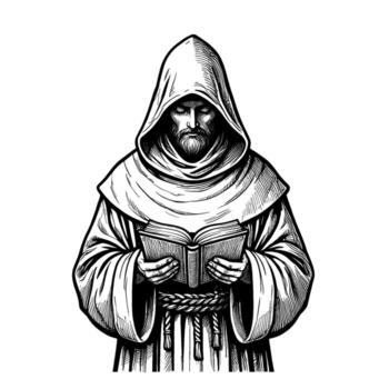 Solemn monk in a hooded robe reading an ancient book in a quiet monastery conveying wisdom knowledge and the pursuit of spiritual enlightenment vector
