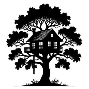 silueta de un caprichoso casa del árbol anidado alto en un frondoso árbol evocando infancia Sueños y un sentido de aventuras en un aislado natural ajuste vector