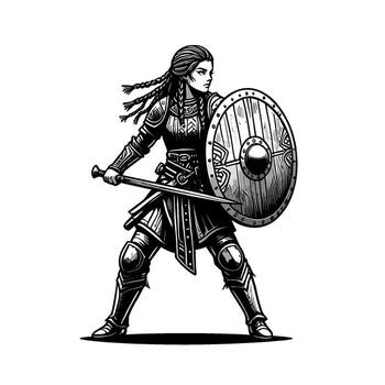 Brave valkyrie warrior poised for battle wielding sword and shield in a stark white setting embodying strength and resilience in monochrome illustrati vector
