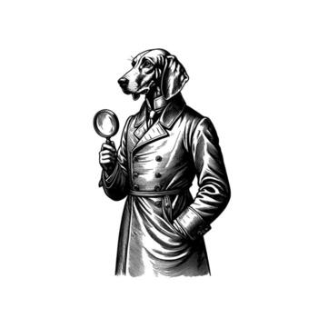 Intriguing dog detective intently examining clues with a magnifying glass in a mysterious investigation creating a whimsical and humorous atmosphere vector
