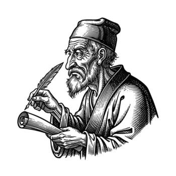 Wise old scholar diligently writing on a scroll with a quill pen capturing knowledge and wisdom in a timeless contemplative setting vector
