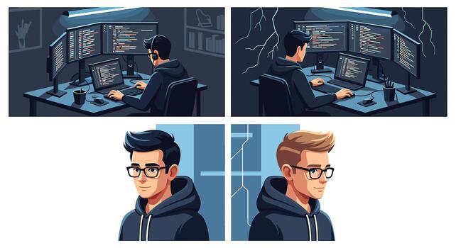 Focused programmer coding at a multi-monitor workstation in a dimly lit room embodying the modern tech worker lifestyle and digital innovation vector