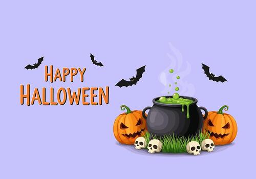 Spooky Halloween scene featuring a bubbling cauldron with pumpkins and skulls creating a festive and eerie atmosphere with flying bats on a light purp vector
