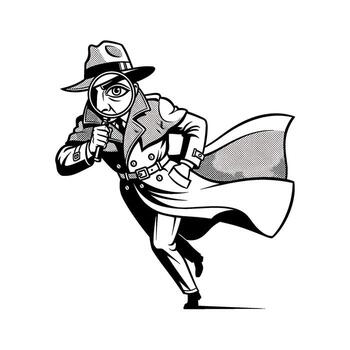 Cartoon detective running with magnifying glass in a monochrome style searching for clues in the city conveying a sense of mystery and investigation vector