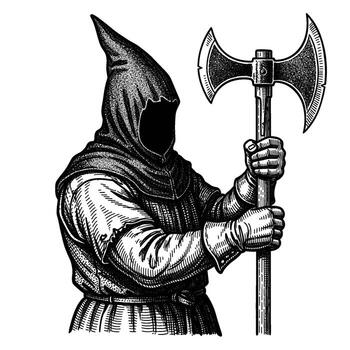 Grim executioner in a dark hood holding a double-headed axe preparing for a beheading conveying a sense of dread and impending doom in a medieval sett vector
