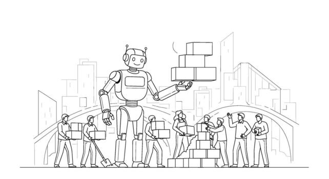 Giant robot assisting construction workers in building a brick wall against a cityscape backdrop symbolizing teamwork automation and the future of con vector