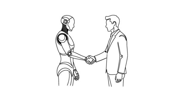 Futuristic robot and businessman shaking hands in a minimalist white setting symbolizing collaboration and innovation in the age of artificial intelli vector