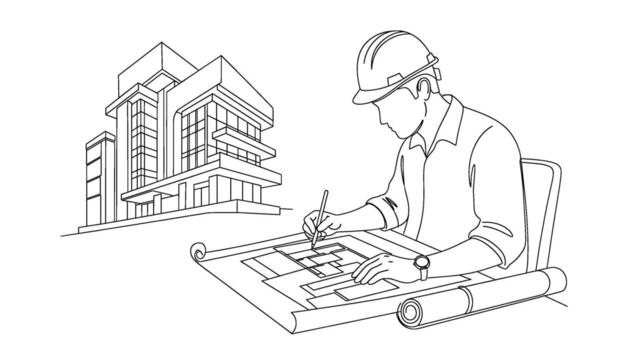 Diligent architect meticulously drafting blueprints in a bright office showcasing precision and innovation in architectural design with a modern build vector